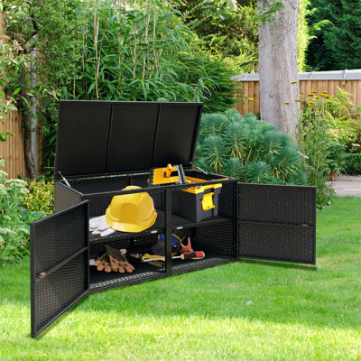 2-Tier Garden Storage Box, 2-Way Opening Rattan Deck Box Chest With Flip-Top Lid, Outdoor Weatherproof Storage Organiser With Metal Frame For Toy Cushion Poolside Patio Balcony
