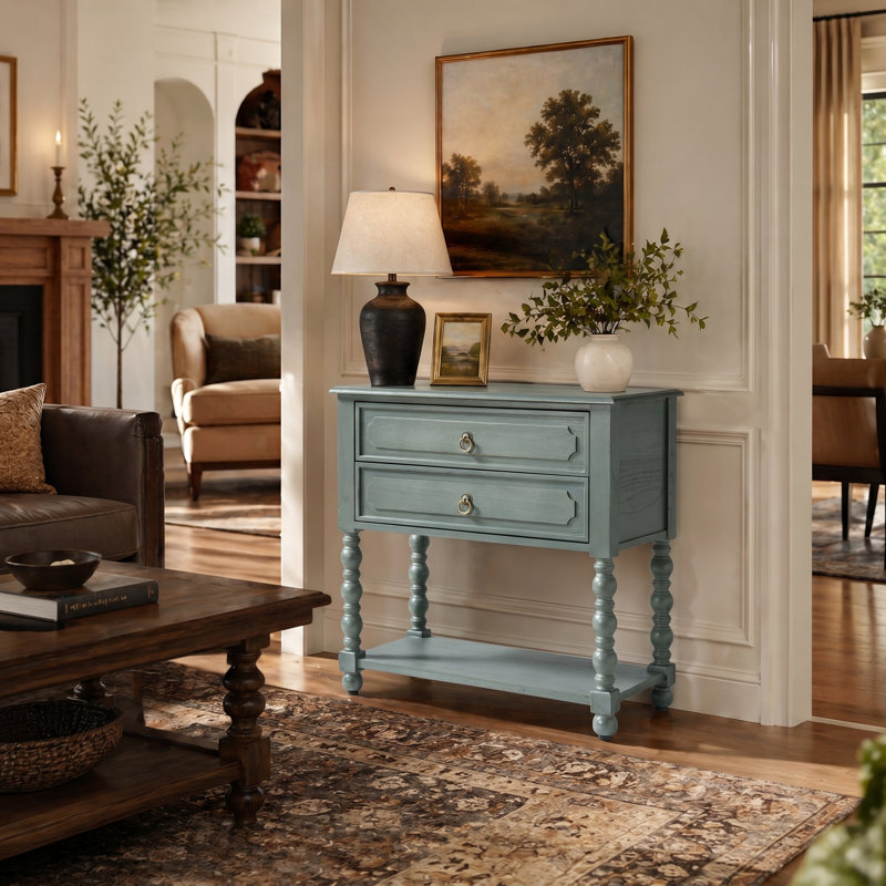 Aristidh Traditional 30"Tall Solid Wood 2-Drawer End Table with Built-in Charging Outlets, Blue