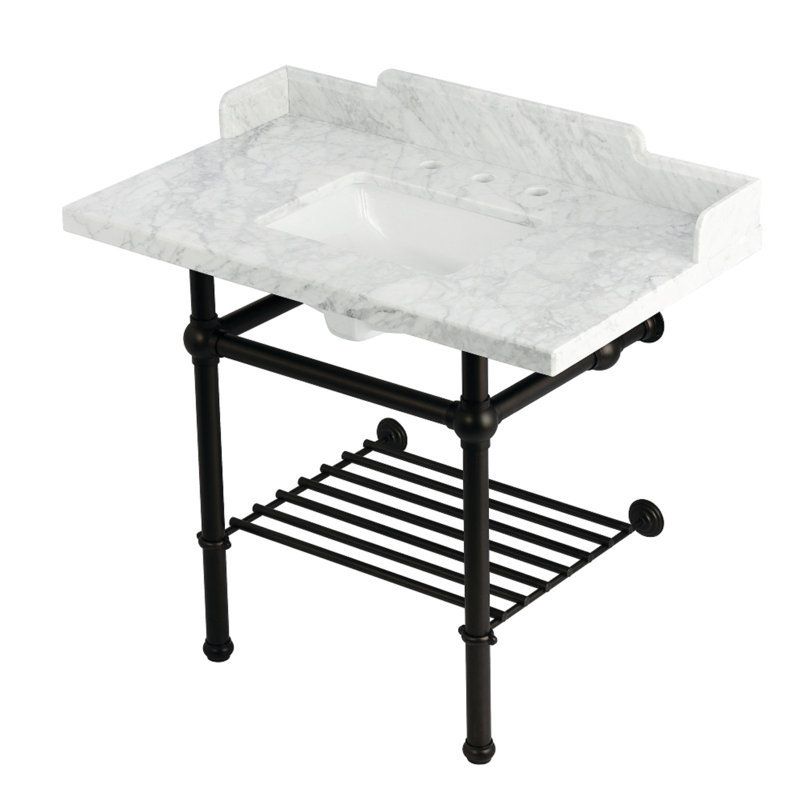 Kingston Brass Pemberton 36-Inch Carrara Marble Console Sink with Brass Legs and Shelf (8-Inch, 3-Hole)
