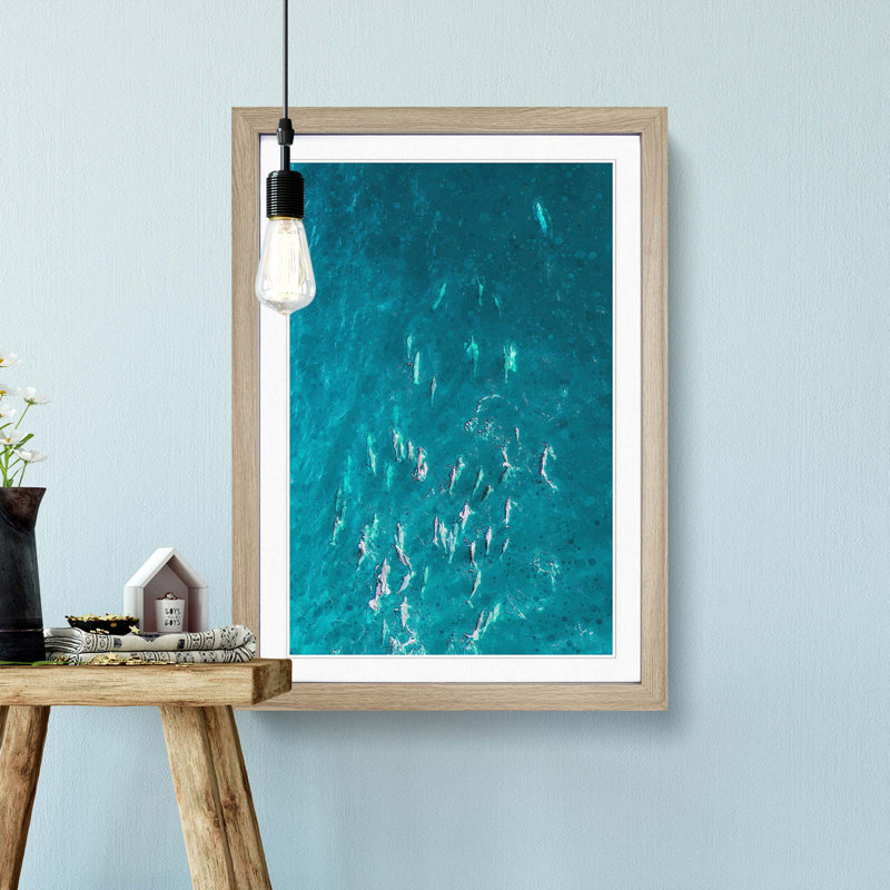 Many Dolphin in Abstract - Framed Print, 76cm H x 50cm W x 2cm D, Oak
