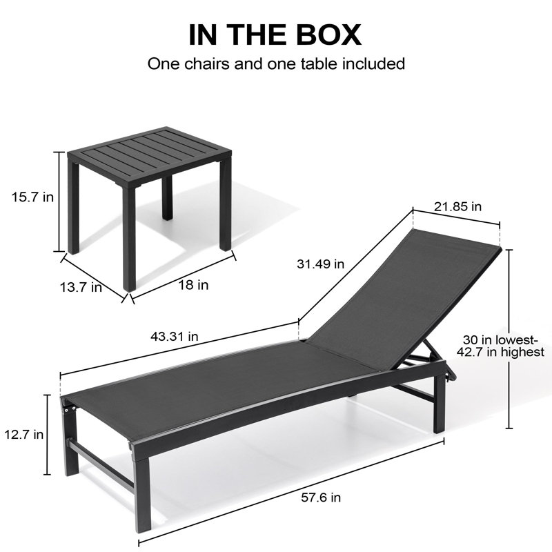 Chaise longue inclinable en métal pour patio avec table d'appoint en aluminium, Noir