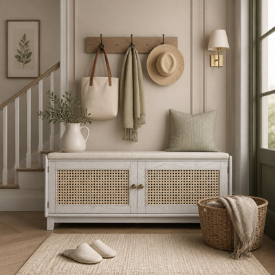 Banc d'entrée en rotin avec rangement Boho, banc à chaussures rembourré avec portes doubles, banc de rangement en bois