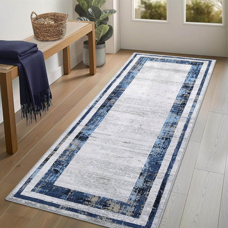 Washable Runner Rug 2x6 Modern Border Soft Distressed Gray Minimalist Non Slip Hallway Stain Resistant Kitchen Contemporary Runner