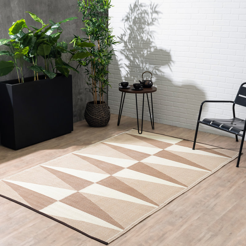Geometric Modern Minimalist Outdoor Rug - Waterproof, Crease-Free Fade Resistant, Reversible - Recycled Plastic - Patio Porch Balcony Deck Yard Garden - Tuscon Natural