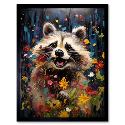 Racoon Romp Playing In A Wildflower Meadow Quirky Portrait - Single Picture Frame Print