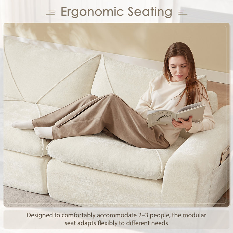 86" Oversized Compression Bean Bag Sofa, Chenille Upholstered Floor Couch, Beige