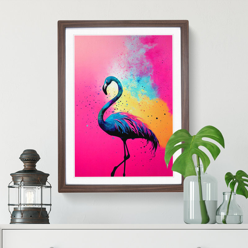 Flamingo Paint Splash No.3 - Single Picture Frame Painting, Walnut, 64cm H x 46cm W x 2cm D