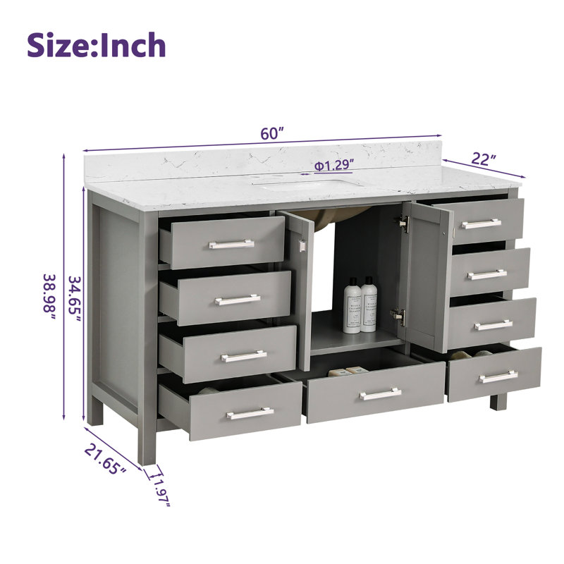 Meuble-lavabo 60 po avec lavabo simple Cholena, Gris