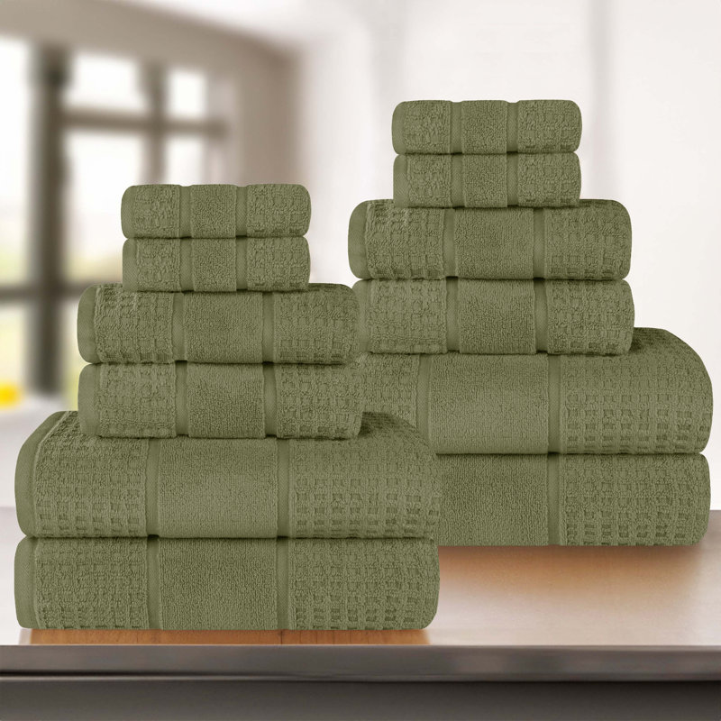 Hisela Zero Twist Cotton Solid Waffle Honeycomb Plush Soft Absorbent Medium Weight Assorted Towel Set, Forest Green