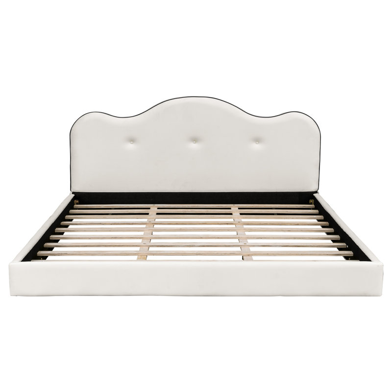 Très grand lit robuste, structure en bois aggloméré rembourré, plateforme beige moderne