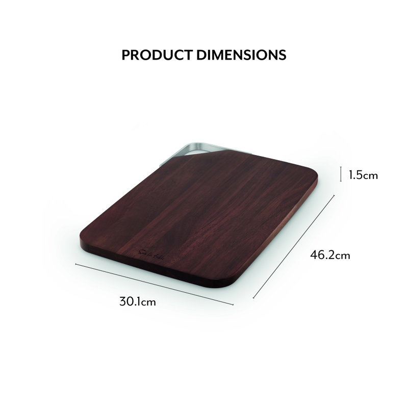 SLT847102 Sur La Table Medium Rectangular Chopping Board, Serving Board, Acacia Wood, Brushed Nickel Handle, Walnut Colour