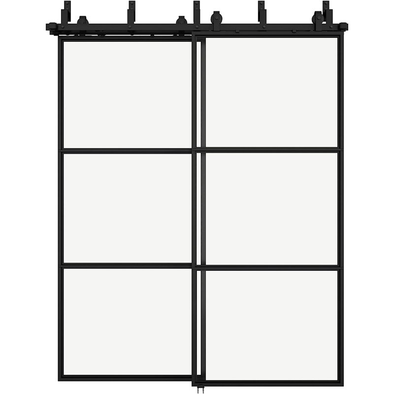 JUBEST Bypass Frosted Glass Barn Door 72 in. x 84 in. with 6FT Double Hardware Kit and Soft Close