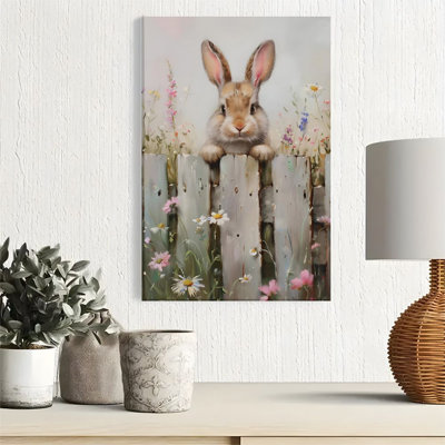 1pc Framed Canvas Wall Art Prints Poster, Rabbit, Wooden Fence with Flowers, Realistic Oil Painting Style Art Posters Canvas Print Painting for Living Room Bedroom Office Bathroom Dorm Home Decor, Ready To Hang