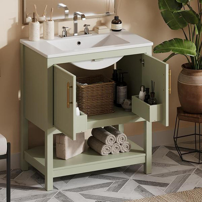 Meuble-lavabo vert de 30 pouces avec lavabo en céramique et rangement polyvalent - idéal pour les petites salles de bain