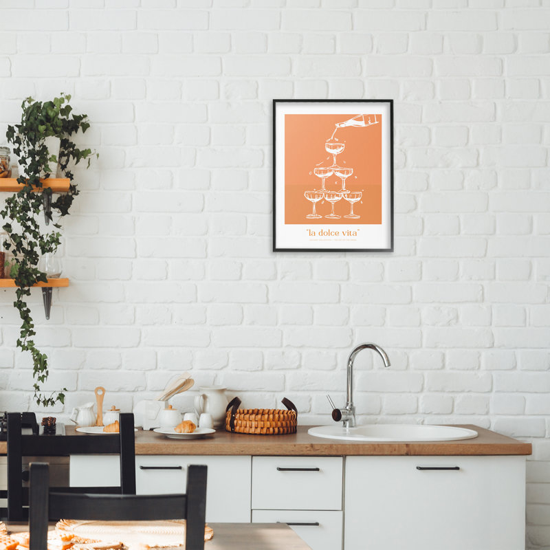Giclée encadrée champagne La Dolce Vita, design par lettré et doublé, H 14 po x l 11 po, Giclée encadrée noir minuit