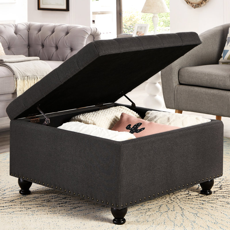 Linen Upholstered Storage With Wooden Legs And Dark Grey Shade Large Button Top Legs, For Home Decor, Dark Gray