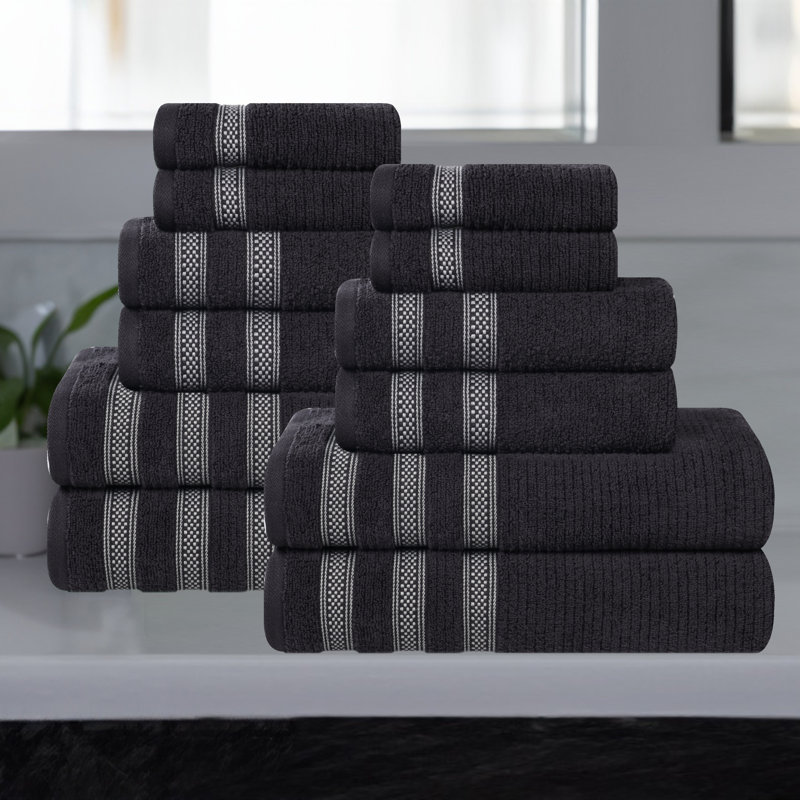 Ensemble de serviettes de bain 12 pièces à bordure géométrique en coton doux et très absorbant Orletta, Black