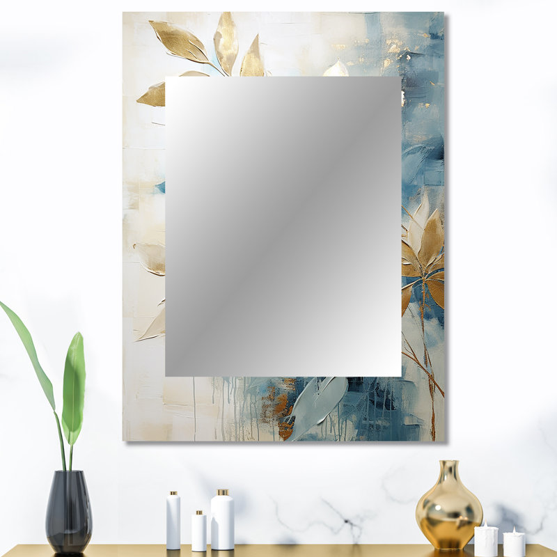 Gold And Blue Abstract Botanical - Botanicals Decorative Wall Mirror, Modern Mirror, Printed Metal Art, 40" x 30"