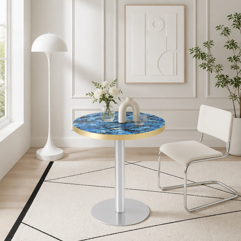 Table bistro ronde de 23,6 pouces avec bord en acier inoxydable et plateau en marbre brillant, Blue+Gold,Silver