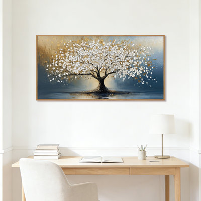 Large Artistic Tree Of Life Canvas Wall Art, White Blossom Flower Tree Wall Decor Framed, Boho Life Tree Art, Abstract Blue Golden Tree And White Floral Painting Home Decor For Office Bedroom Living Room Dining Room, 20"x40" Perfect Ideal Gift