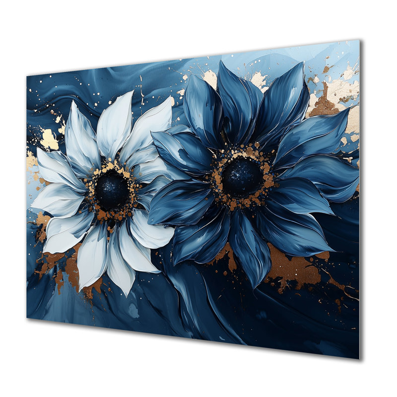 Abstrait turquoise minuit, tournesols beauté I - impression de tournesols sur métal, H 12 po x l 20 po