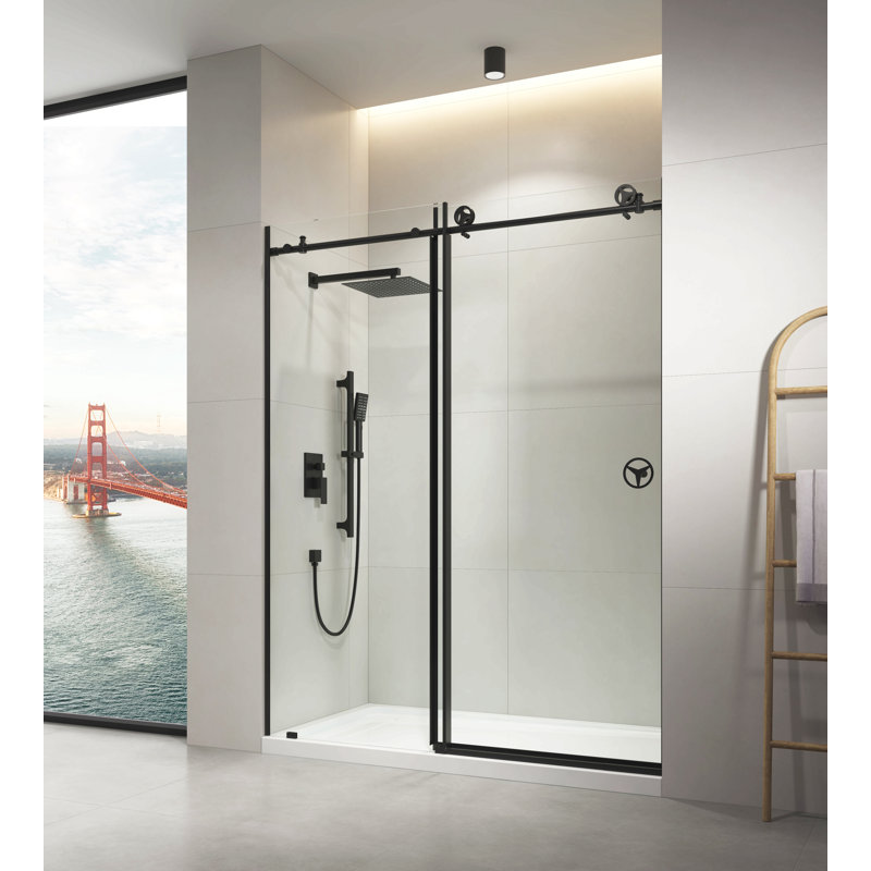Porte de douche coulissante sans cadre l 60 po x H 76 po en noir mat avec verre transparent