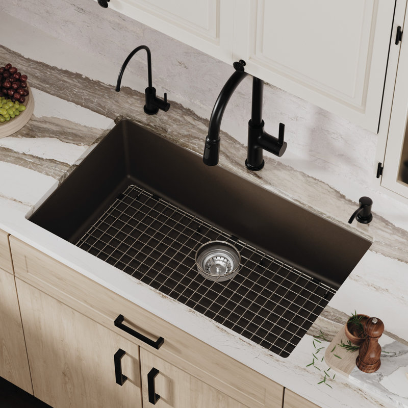 Ensemble d'évier de cuisine à simple cuve encastrable 32 1/4 po x 19 1/4 po Karran Quartz, Brun