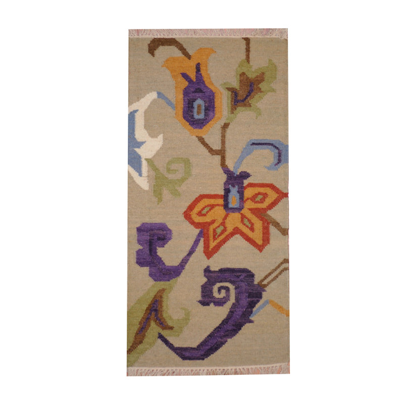 Tapis kilim beige / mauve / orange / vert, Rectangle 1 pi 8 po x 3 pi 3 po