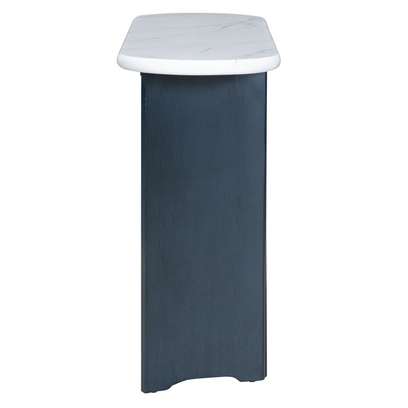 Narrow Console Table With Oval Marble Top, Curved Legs And Triangular-designed Base, Navy