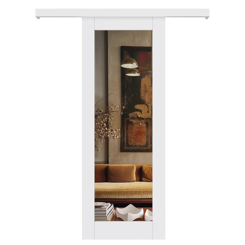80" Hidden Style Track White Primed 1-Lite Glass Mirrored Sliding Barn Door With Hardware Kit(No Assembly Required)
