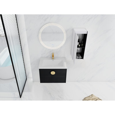 Bathroom Vanity With Ceramic Basin & Side Cabinet - Black Chestnut, Modern Addition 28" Sink And Construction Component