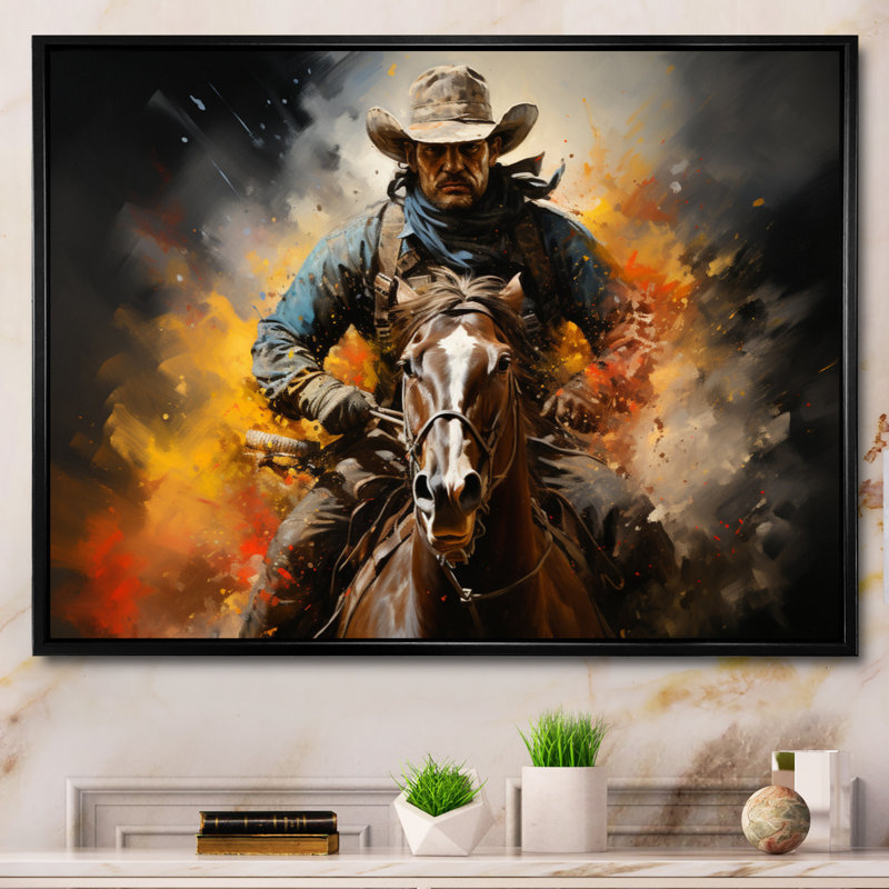 «Western Rodeo Spirit Pointillism Art», reproduction d'art sur toile, H 16 po x l 32 po x P 1 po, Cadre flottant noir