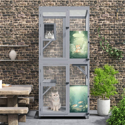 70" Outdoor Wooden Cat Cage with Wheels, Platform, Resting Nest, Lockable Door, and Sun Roof