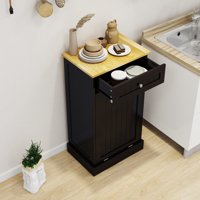 Armoire poubelle de cuisine à un tiroir et un revêtement noir, convenant à une extension d'îlot, des pièces prédécoupées, une inclinaison moyenne résistante à l'humidité, cache et garde le plancher propre