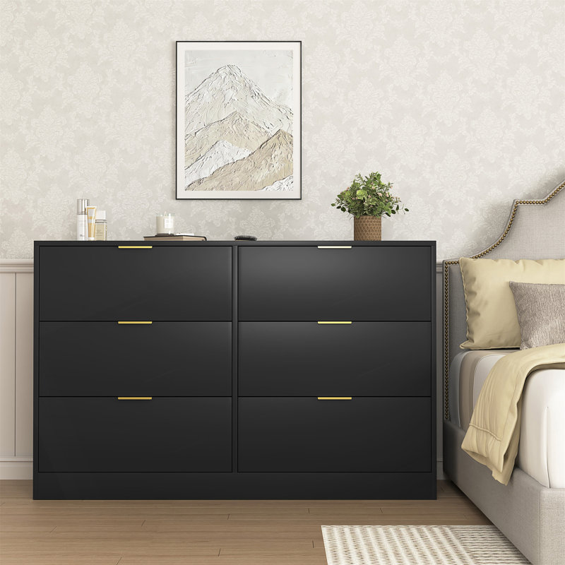 Commode 6 tiroirs, commode pour chambre à coucher, salon, couloir et entrée, Noir