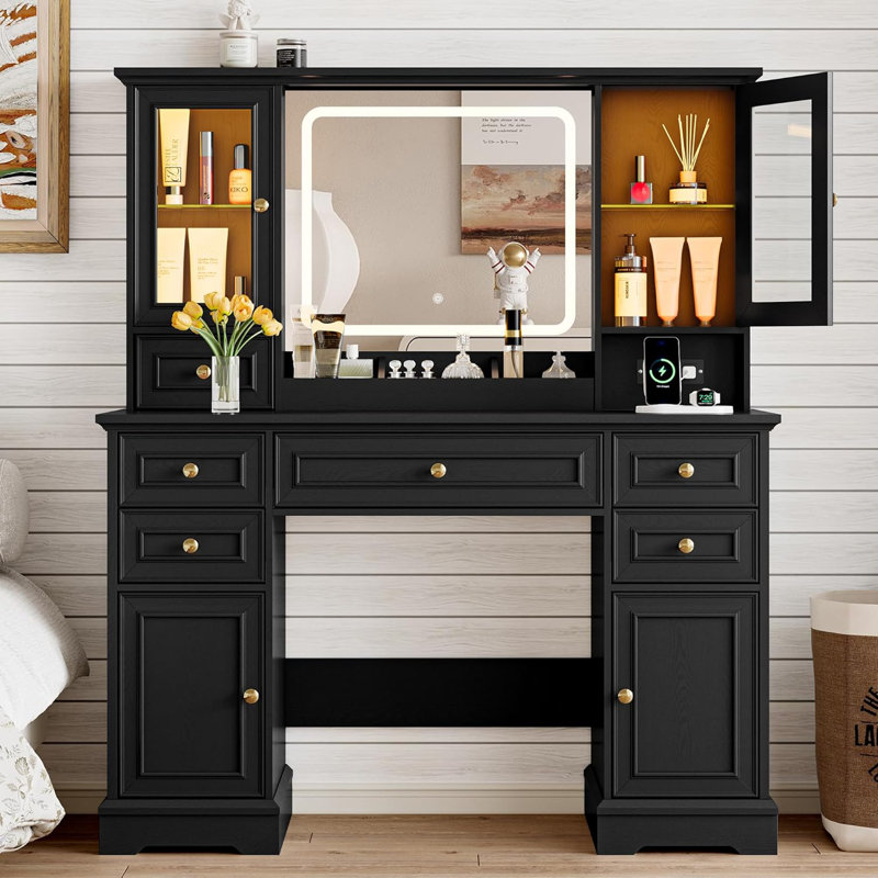Modern Vanity Desk With HD Lighted Mirror & Power Outlet, Vanity Table With Storage Cabinet & 7 Drawers, with Brightness Lighting