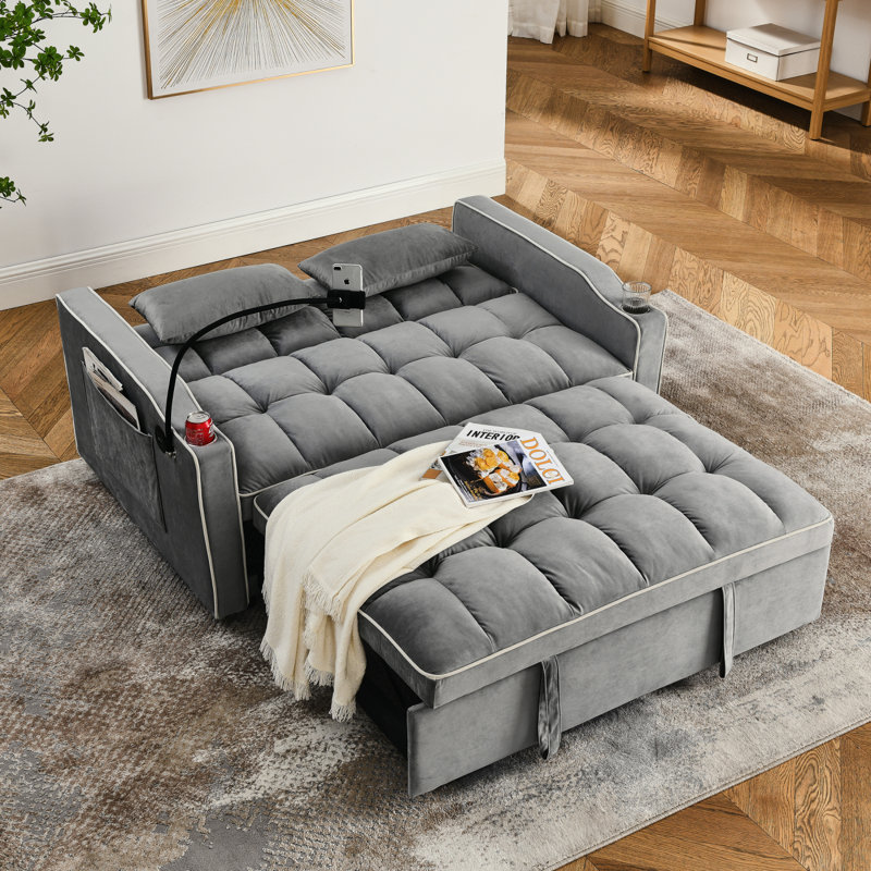 Canapé-lit pliable polyvalent de 55,51 pouces en 3 longueurs, canapé-lit moderne, canapé-lit en velours, dossier réglable, port USB, cendrier et support pour téléphone pivotant (gris)