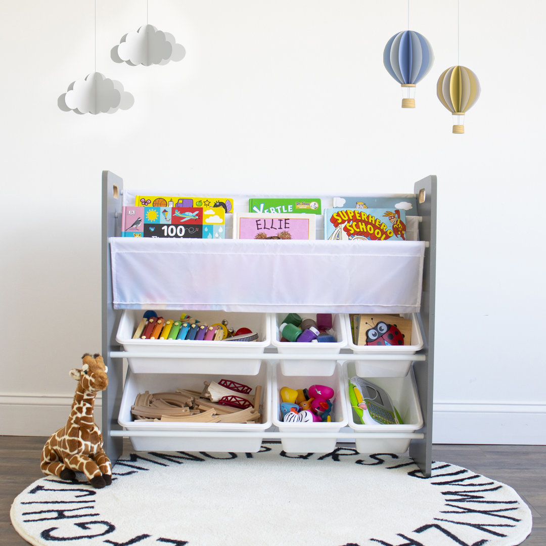 Zoomie Kids Inspire Kids Read N’ Play 6 Bin Toy Organizer And 2 Tier Bookrack, Grey/White Zoomie Kids