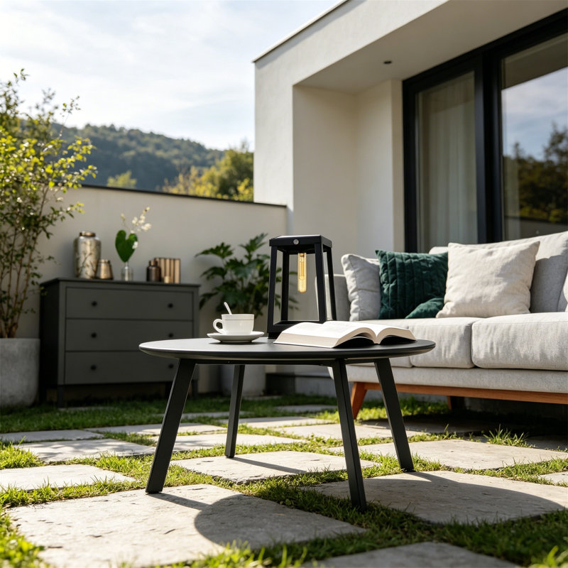 Table basse de patio ronde en acier et en métal, résistante aux intempéries, noire