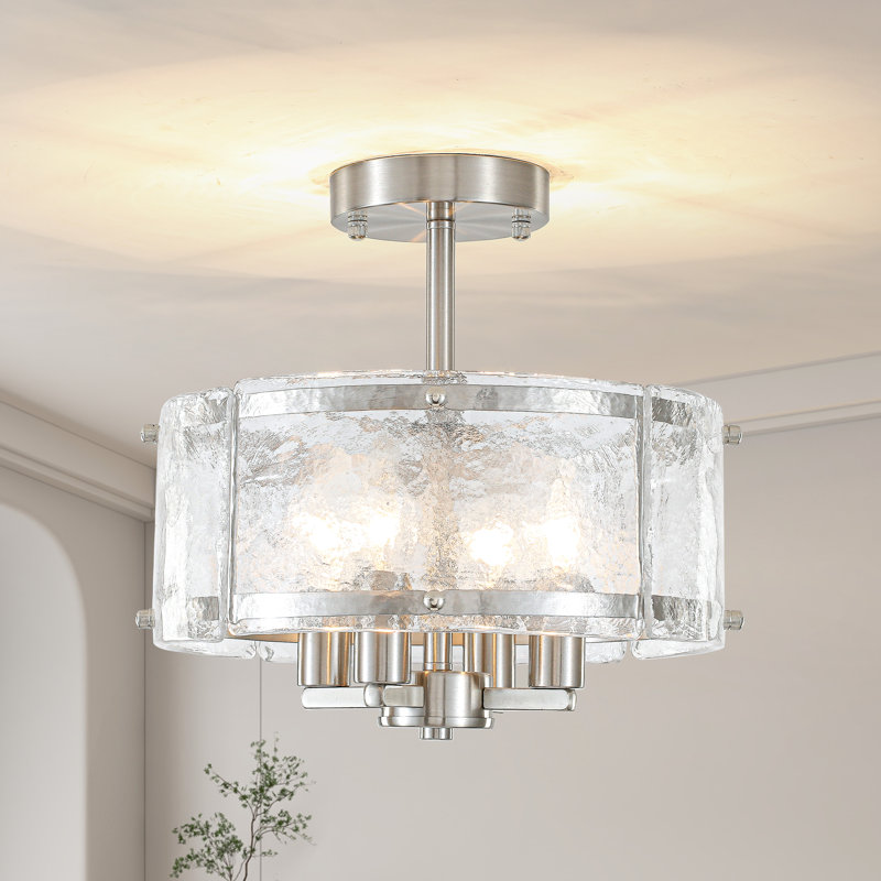 4 - Light 12.16'' Modern Industrial Drum Candle Semi Flush Mount Ceiling Light Fixture With Glass Panels Shade, Nickel