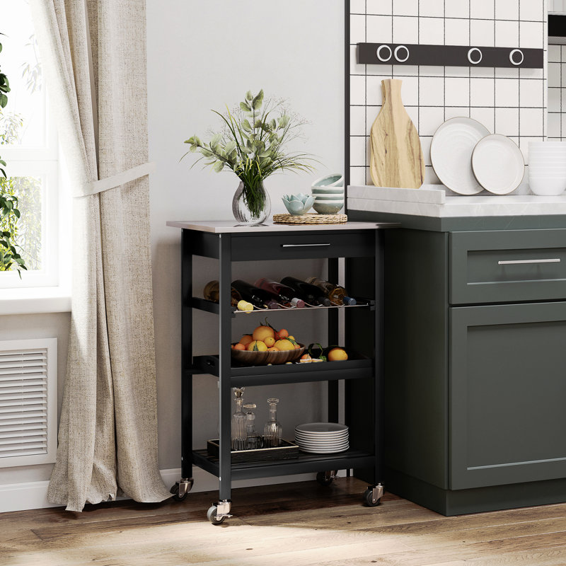 Îlot de cuisine - plateau de table en acier inoxydable avec support à vin et tiroir, plateau de service polyvalent et polyvalent