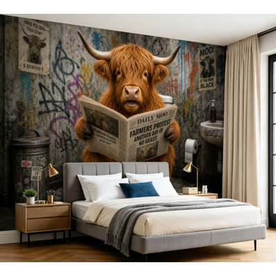 Wall Mural Peel and Stick Wallpaper Funny Highland Cow Rustic Cow Reading Newspapers Cute Animals Graffiti Self-Adhesive Removable Contact Paper Wall Decor for Living Room Bedroom 100"H x 144"W