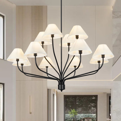 Lustre traditionnel 12 lumières à intensité variable avec abat-jour en tissu pour salon