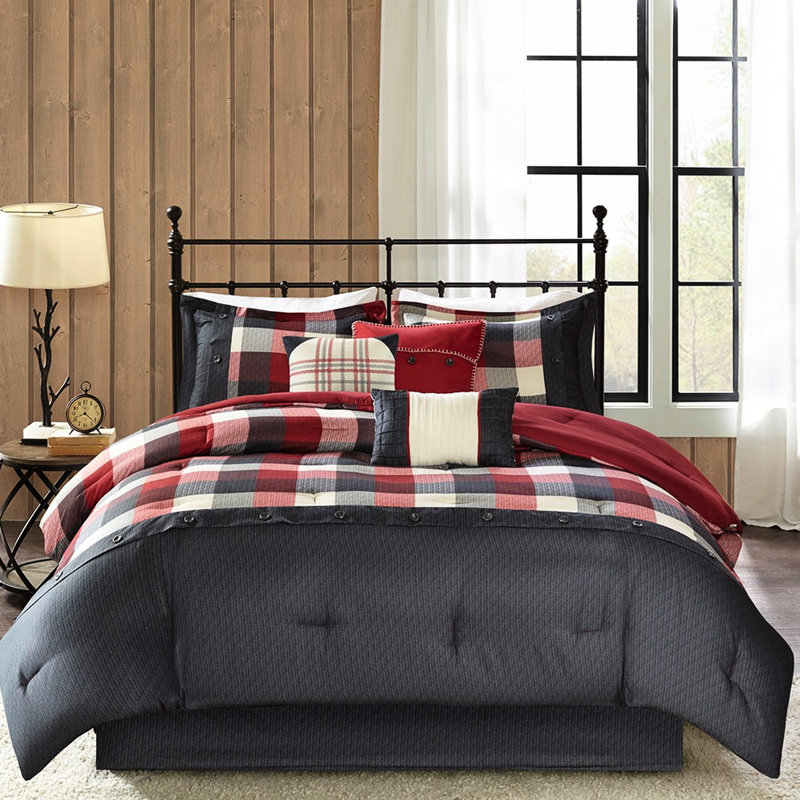 Couette 7 pièces pour lit King - Motif à chevrons rouges et à carreaux Buffalo avec accents