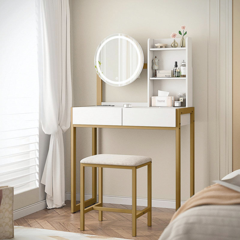 Small Vanity Desk with Mirror and Lights, Makeup Vanity Table with LED Mirror, 3 Lighting Modes, Power Outlet, Drawer, Open Shelves and Cushioned Stool for Bedroom (White and Gold)