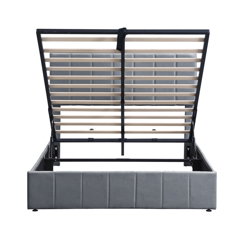 Lit plateforme tapissier double avec système de rangement hydraulique - Gris (OLD SKU: LP000111AAE), Gris