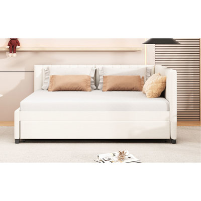Beige Linen Daybed With Trundle, Enhance Your Home Comfort Level Roll-Out No Box Spring, Strong Frame, Space Saving For Sleepovers