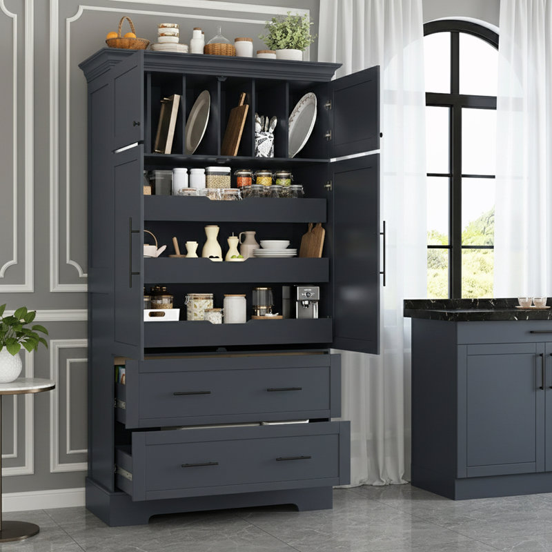 Garde-manger autoportant avec plateaux coulissants et rangement pour moules à gâteaux, Gris
