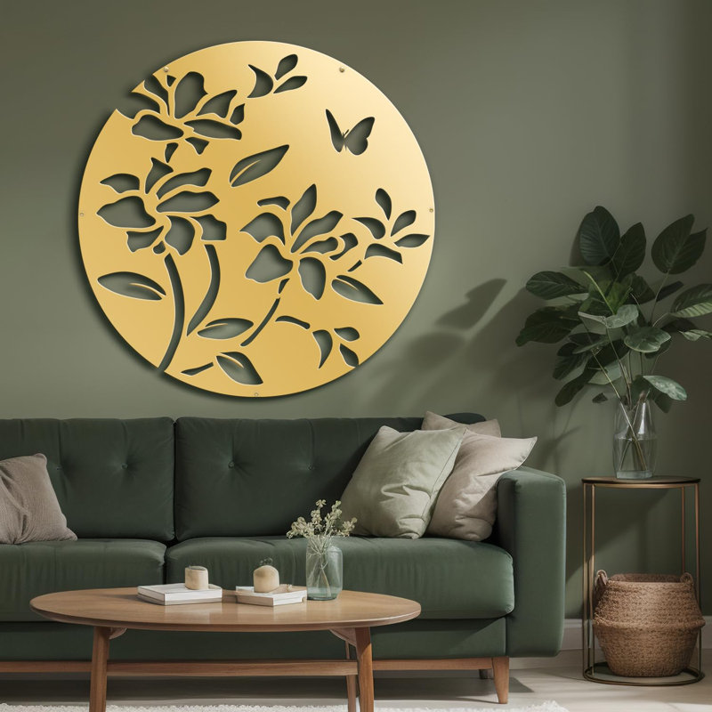 Fleurs, décoration murale abstraite moderne minimaliste, décoration murale en métal, H 24 po x l 24 po x P 0,05 po, Doré