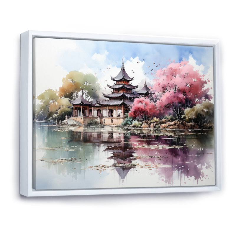 Thai Temple Reflections II - Thailand Canvas Wall Art, H 34 po x l 44 po x P 1,5 po, Cadre flottant blanc